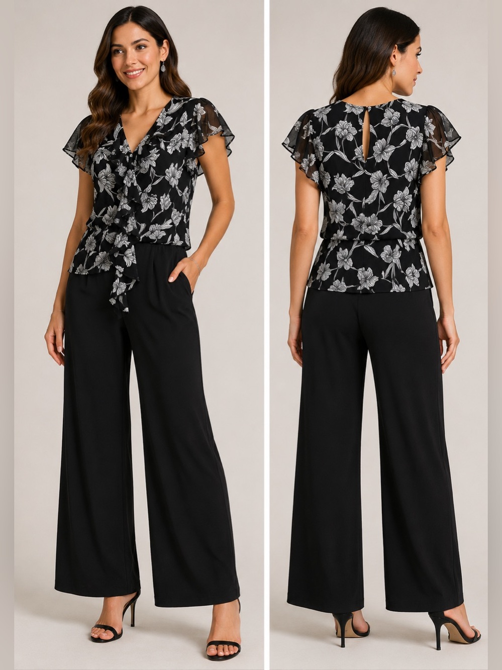 Kate & Mallory Black Floral Jumpsuit Wide Leg Ruffle Sleeve